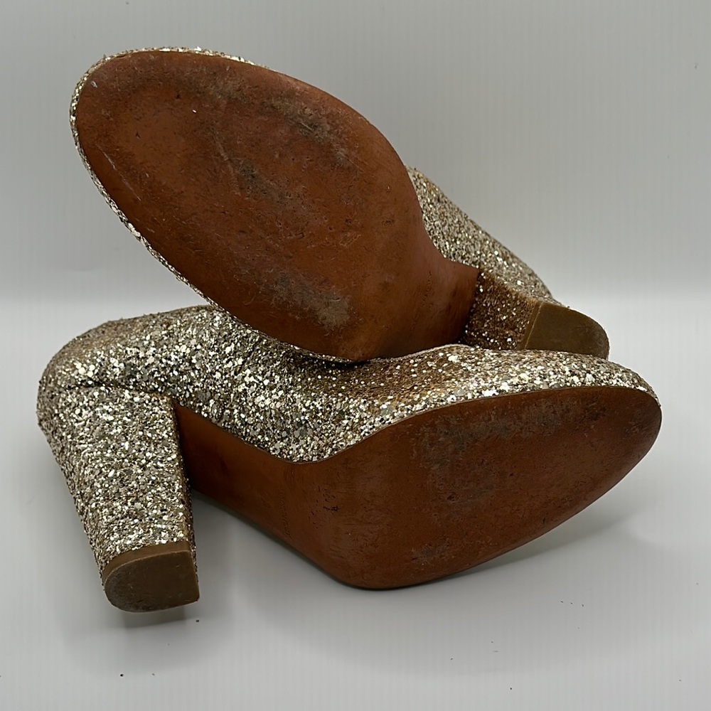 1937 Footwear Sz 9 Sparkling Gold Glitter Block Heels with Rounded Toe Italy - Picture 8 of 11
